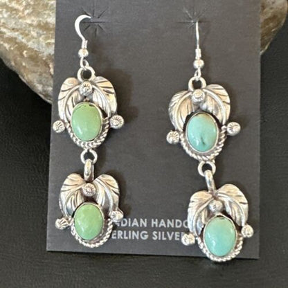 Navajo Blue Green Turquoise Dangle Earrings | Sterling Silver | 1.5" | Authentic Native American Handmade | 17386
