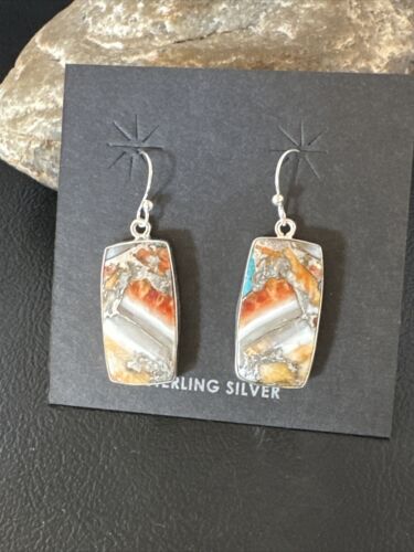 Navajo Blue Turquoise & Orange Spiny Oyster Inlay Dangle Earrings | Sterling Silver | 15582
