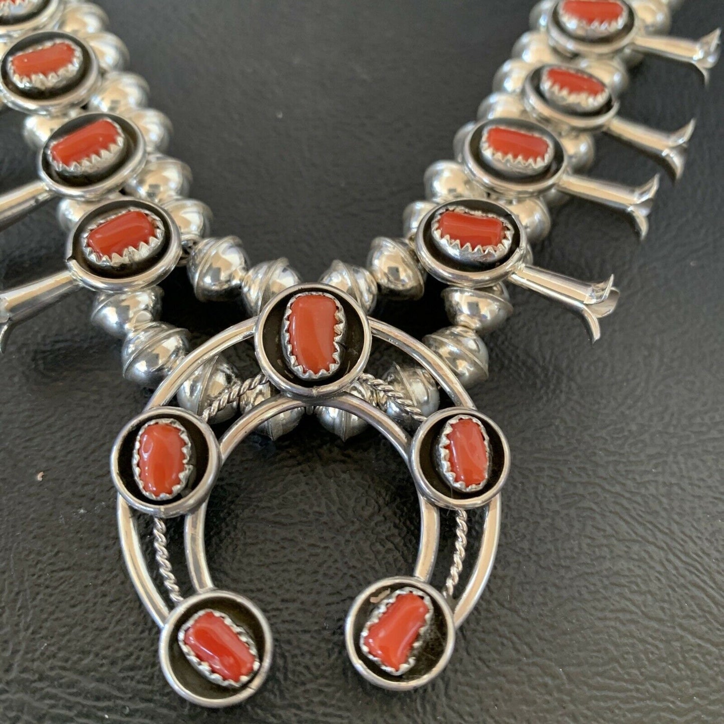 Navajo Coral Squash Blossom Necklace & Earrings | Sterling Silver Shadow Box | Authentic Native American Handmade | 10888