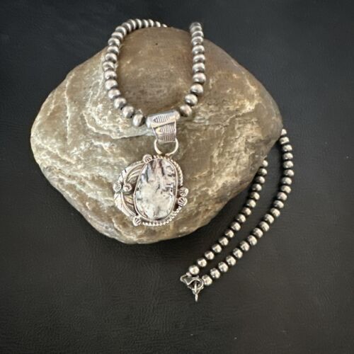 Men's White Buffalo Turquoise Pendant Necklace | Navajo Pearls | Sterling Silver | Native American Handmade | 17334