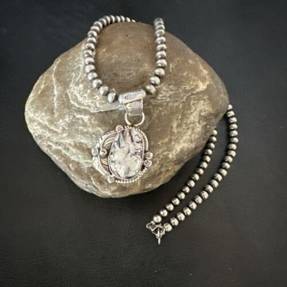 Men's White Buffalo Turquoise Pendant Necklace | Navajo Pearls | Sterling Silver | Native American Handmade | 17334