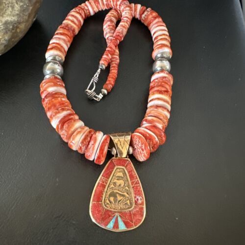 Navajo Red Spiny Oyster Pendant Necklace | Sterling Silver | Brass Inlay | Authentic Native American Handmade | 15789