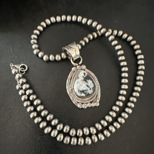White Buffalo Turquoise Pendant | Navajo Pearls | Sterling Silver Necklace 21" | 17328 - Masha USA