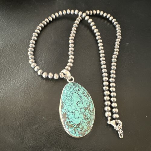 Men's Navajo Blue Spiderweb Turquoise Pendant Necklace | Sterling Silver | Authentic Native American Handmade | 16194