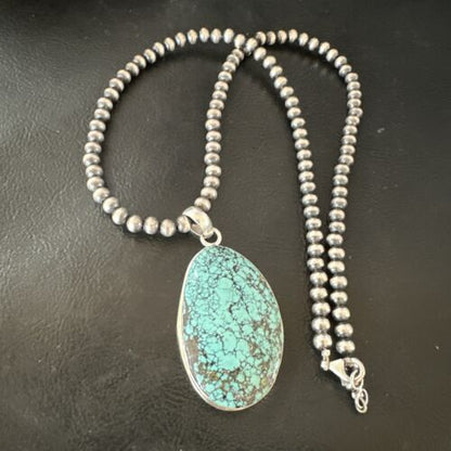 Men's Navajo Blue Spiderweb Turquoise Pendant Necklace | Sterling Silver | Authentic Native American Handmade | 16194
