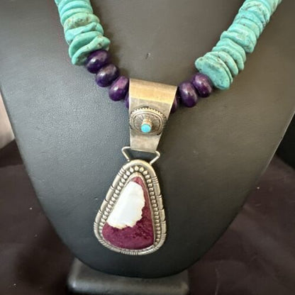 Navajo XL Turquoise Purple Spiny Oyster Pendant Necklace | Sterling Silver | Authentic Native American Handmade | 25" | 17464