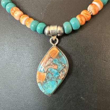 Navajo Spiny Turquoise Pendant Necklace | Sterling Silver | 21" | Authentic Native American Handmade | 17518