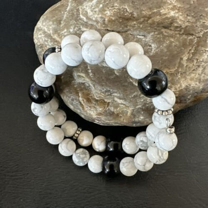 Memory Wire Stainless Steel Howlite Onyx Bead Bracelet 17617