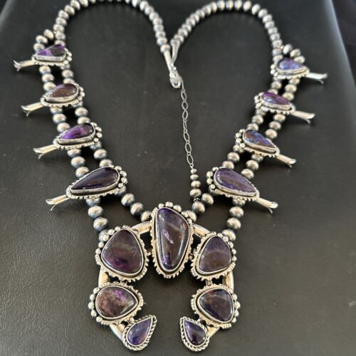 Navajo Squash Blossom Necklace with Purple Sugilite Pendant | Sterling Silver | 28" | 16940