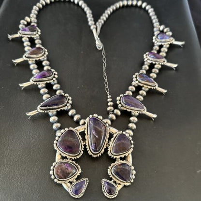 Navajo Squash Blossom Necklace with Purple Sugilite Pendant | Sterling Silver | 28" | 16940