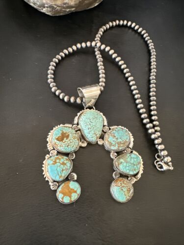 Navajo Blue Turquoise #8 Squash Blossom Necklace Naja Pendant | Sterling Silver | Authentic Native American Handmade | 16896