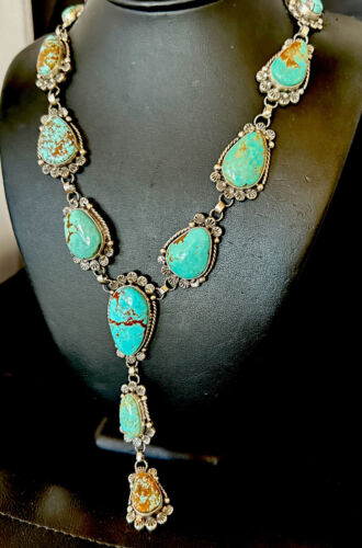 Navajo Blue Turquoise Lariat Necklace | Sterling Silver | 30" | Native American Handmade | 16488