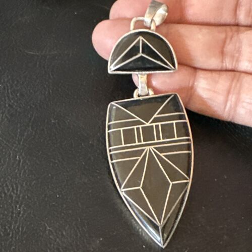 Navajo Sterling Silver Pendant with Black Onyx Inlay | Authentic Native American Handmade | 2.75"