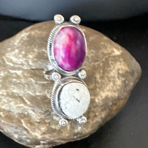 USA Navajo White Buffalo Turquoise Sugilite Sterling Silver Ring Size 7 16719