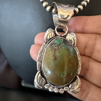 Men's Navajo Green Turquoise Pendant Necklace | Sterling Silver | Authentic Native American Handmade | 17527