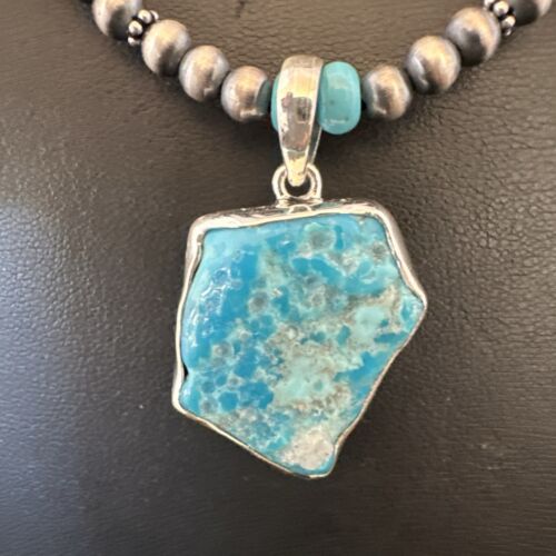 Men's Kingman Turquoise Pendant | Navajo Pearls Sterling Silver Necklace | Authentic Native American Handmade | 17212