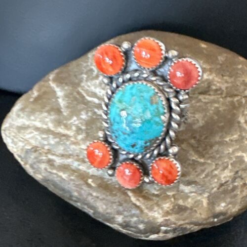 Navajo Turquoise & Spiny Oyster Cluster Ring | Authentic Native American Sterling Silver | Multi-Stone | Sz 8 | 16330