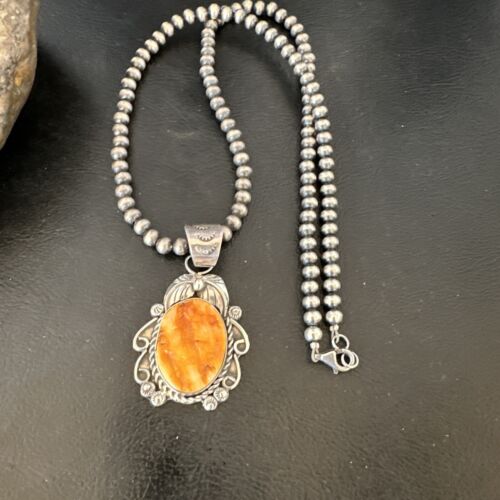Women's Orange Spiny Oyster Pendant | Navajo Pearls Sterling Silver Necklace 21" | Handmade Jewelry | 16556