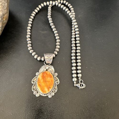 Women's Orange Spiny Oyster Pendant | Navajo Pearls Sterling Silver Necklace 21" | Handmade Jewelry | 16556