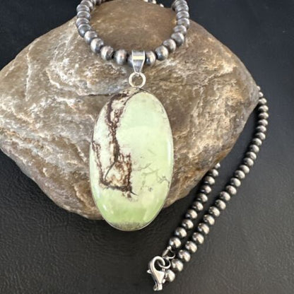 Navajo Green Gaspeite Pendant Necklace | Sterling Silver | Authentic Native American Handmade | 15483