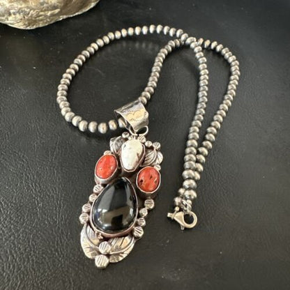 Navajo White Buffalo Coral Onyx Pearls Cluster Pendant | Sterling Silver | Native American Handmade | 15368