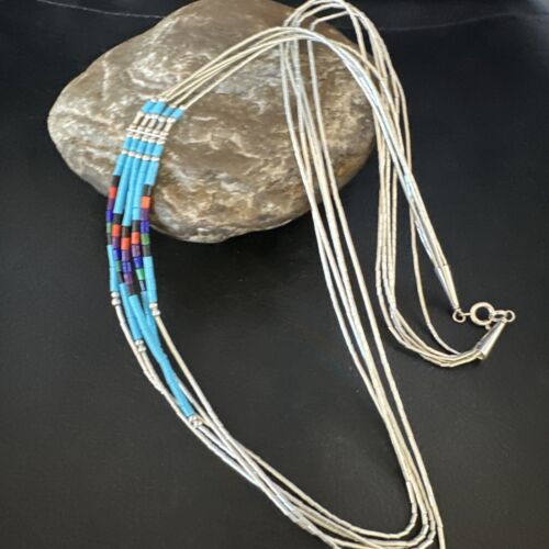 Multi-Color Liquid Silver Heishi Necklace | 5-Strand Sterling Tubes | 22" | 15047