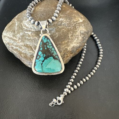 Men's Navajo Blue Spiderweb Turquoise Pendant Necklace | Sterling Silver | Authentic Native American Handmade | 16230