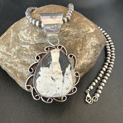 Men's White Buffalo Turquoise Pendant | Navajo Pearl Sterling Silver Necklace 21" | 17036