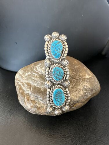 Navajo Sterling Silver Cluster Blue Kingman Turquoise Ring 3 Stone Sz 9 16322