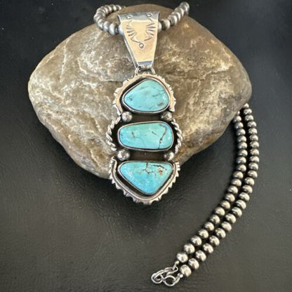 Navajo Blue Kingman Turquoise 3-Stone Cluster Pendant | Sterling Silver | Authentic Native American Handmade | 17631