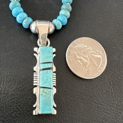 Men's and Women's Turquoise #8 Inlay Pendant Necklace | Navajo Sterling Silver | Authentic Native American Handmade | 17074