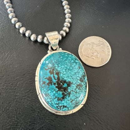 Navajo Blue Spiderweb Turquoise Pendant Necklace | Sterling Silver | Authentic Native American Handmade | 16199