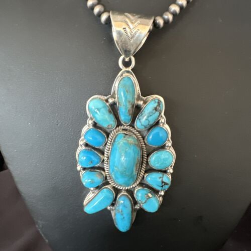 Navajo Blue Kingman Turquoise Cluster Pendant | Sterling Silver | Authentic Native American Handmade | 15447