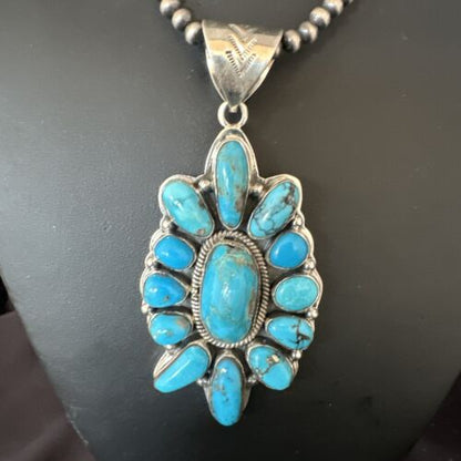 Navajo Blue Kingman Turquoise Cluster Pendant | Sterling Silver | Authentic Native American Handmade | 15447