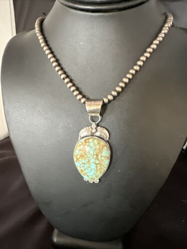 Navajo Pearls Sterling Silver Necklace Pendant | Blue Turquoise #8 | Authentic Native American Handmade | 14856