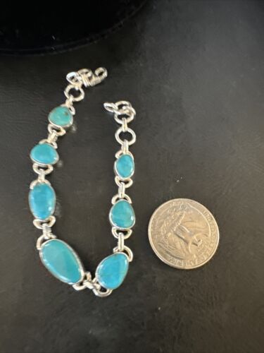 Navajo Blue Turquoise Link Bracelet | Sterling Silver | 8" | Authentic Native American Handmade | 15476 - Masha USA