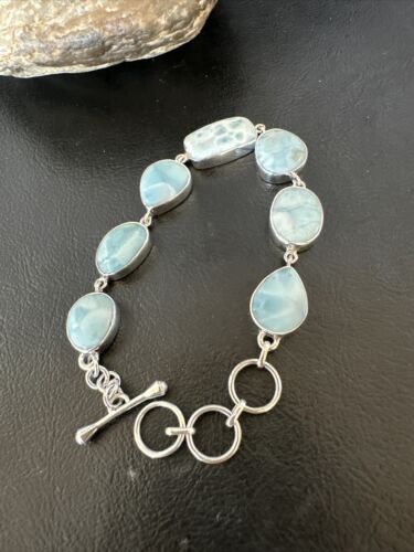 Navajo Blue Larimar Bracelet | Sterling Silver 7 Link | 8" | Authentic Native American Handmade | 16086