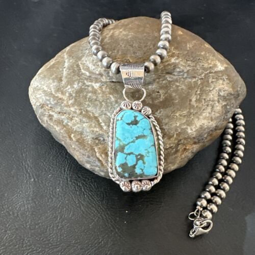 Men's Blue Spiderweb Turquoise Pendant Necklace | Navajo Sterling Silver | Authentic Native American Handmade | 17118