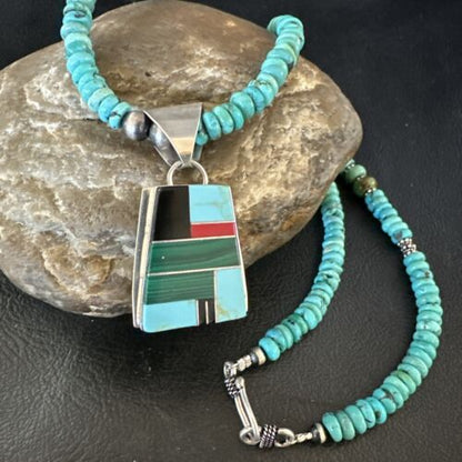 Navajo Turquoise Lapis Inlay Pendant Necklace | Sterling Silver | 20" | Authentic Native American Handmade | 17508
