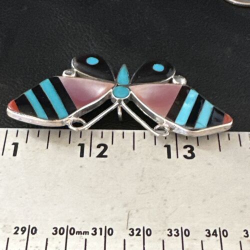 Zuni Butterfly Turquoise Mother of Pearl Onyx Inlay Pin Pendant | Sterling Silver | 15151