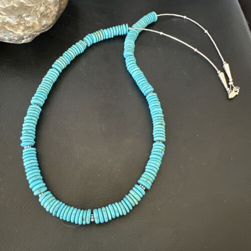 Men's Navajo Blue Turquoise Heishi Necklace | Sterling Silver | 24" | Authentic Native American Handmade | 16340 - Masha USA