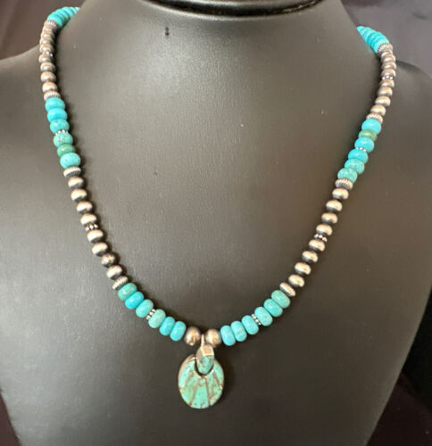 Navajo Blue Turquoise Inlay Pendant | Sterling Silver Necklace | Authentic Native American Handmade | 15423