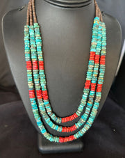 Women's Turquoise Spiny Oyster 3-Strand Necklace | Navajo Pearl Sterling Silver | 15157