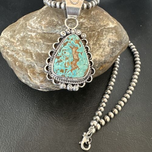 Women's Royston Turquoise Pendant Necklace | Navajo Pearls | Sterling Silver | Authentic Native American Handmade | 17062
