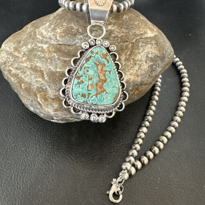 Women's Royston Turquoise Pendant Necklace | Navajo Pearls | Sterling Silver | Authentic Native American Handmade | 17062