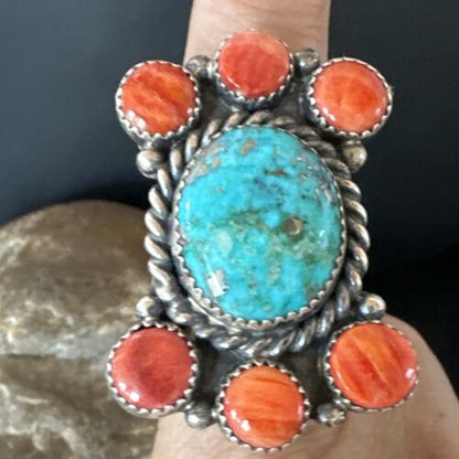 Navajo Turquoise & Spiny Oyster Cluster Ring | Authentic Native American Sterling Silver | Multi-Stone | Sz 8 | 16330