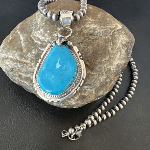 Men's Blue Kingman Turquoise Pendant Necklace | Navajo Pearls | Sterling Silver | Native American Handmade | 16020