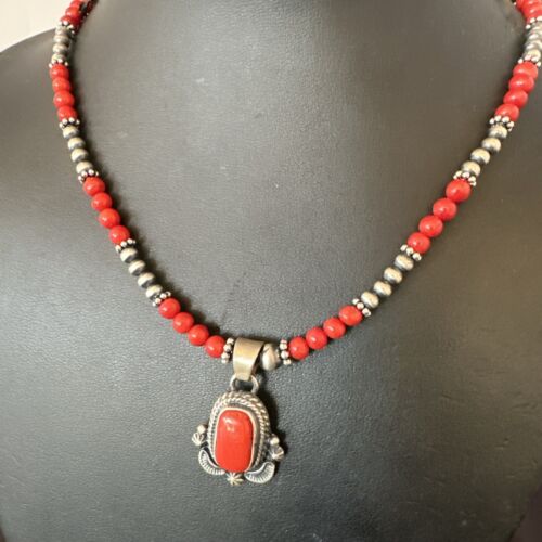 Southwestern Navajo Red Coral Pendant Necklace | Sterling Silver Pearls | 21" | 17538