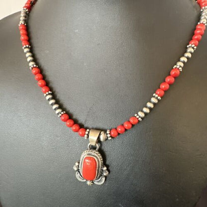 Southwestern Navajo Red Coral Pendant Necklace | Sterling Silver Pearls | 21" | 17538