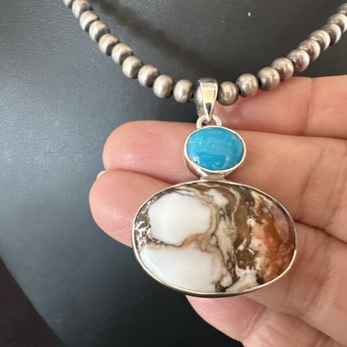 Navajo Wild Horse | Blue Kingman Turquoise Necklace | Sterling Silver | Authentic Native American Handmade | 17341 - Masha USA